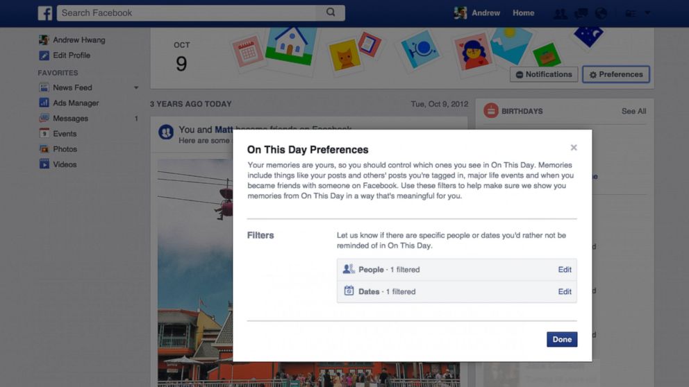 PHOTO: Facebook is introducing ways to filter what you see from its "on this day" feature.