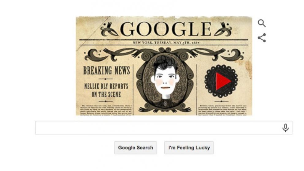 The Google Doodle for May 5, 2015, designed in celebration of Nellie Bly.