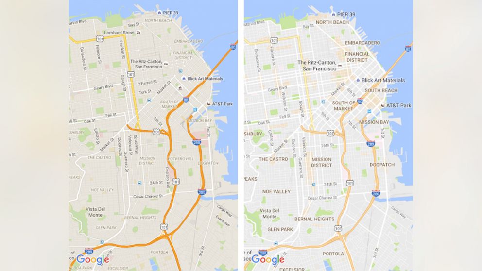 Google Maps removed non-essential elements such as road outlines and improved the typography to give their app a "cleaner look." The new view is on the left, while the old is on the right.