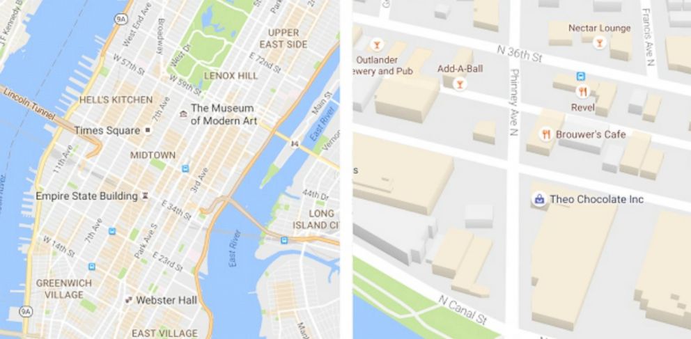 PHOTO: Google Maps is introducing the orange shaded areas as "areas of interest" highlighting popular areas with things to do. This new feature is shown on the left. 