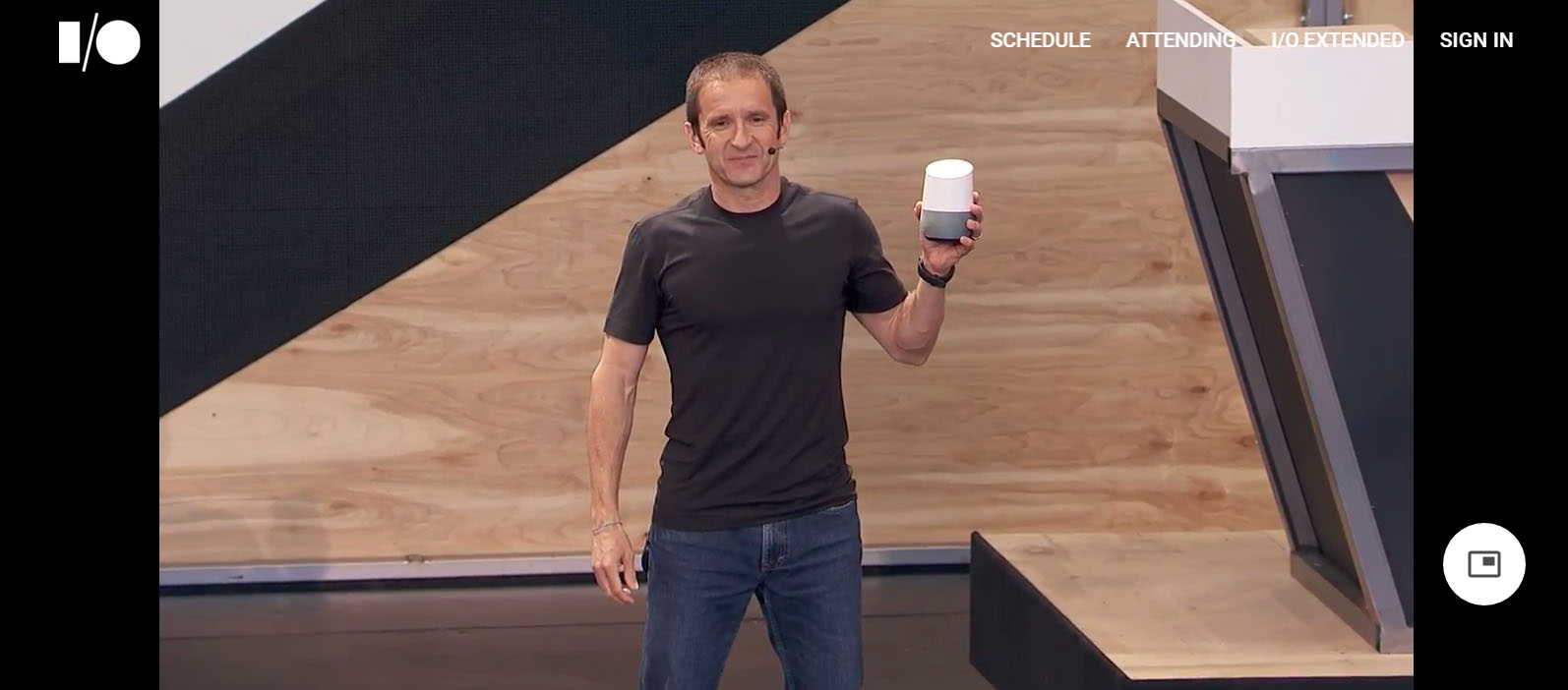 PHOTO: Mario Queiroz, vice president of product management at Google, holds the new Google Home assistant.