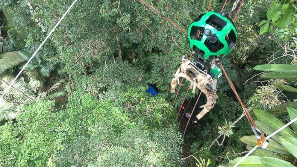 A Google "Trekker" on a zipline in the Amazon Rainforest.