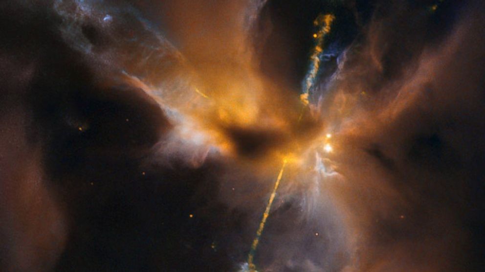 This celestial lightsaber does not lie in a galaxy far, far away, but rather inside our home galaxy, the Milky Way. It's inside a turbulent birthing ground for new stars known as the Orion B molecular cloud complex, located 1,350 light-years away.