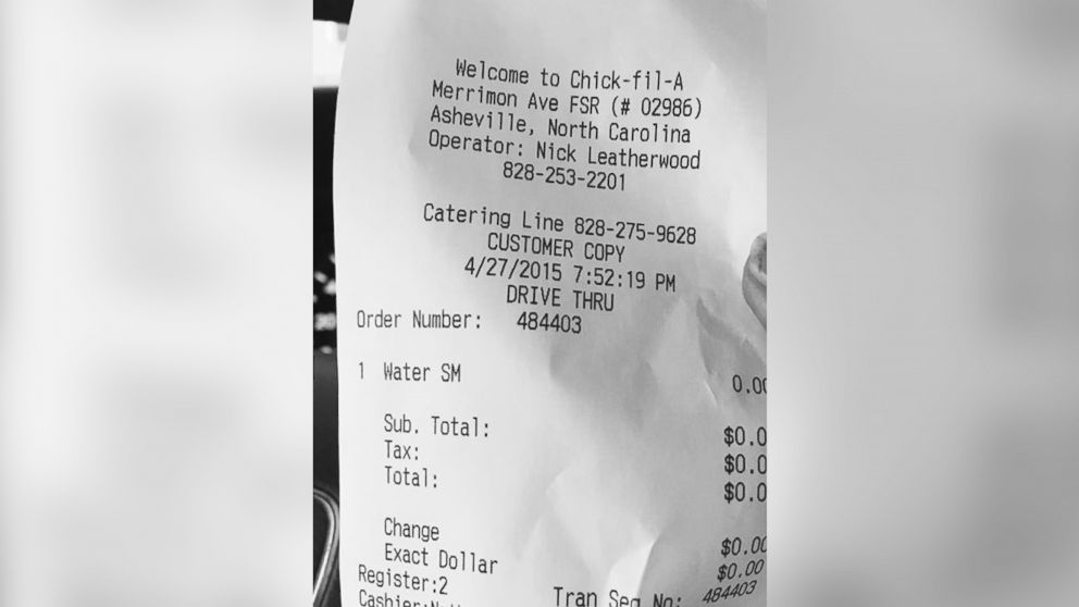 The receipt for the free meal Chick-fil-a gifted Carrie Chisholm after a hard day at the hospital.