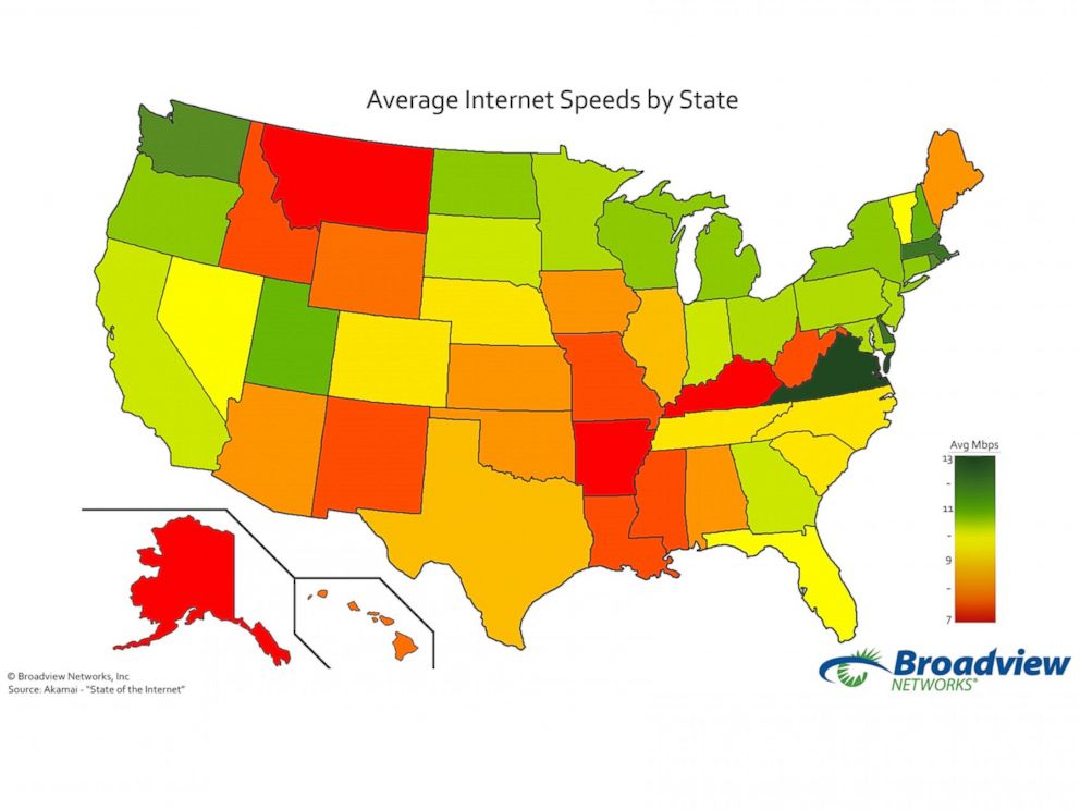 PHOTO: A map produced by Broadview Networks purports to show the states with the fastest and slowest internet speeds.