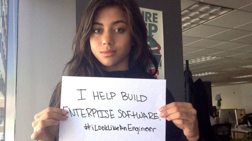 The hashtag #ILookLikeAnEngineer trended after Isis Wenger, pictured here, received sexist responses to her photo on one of her company's ads. 
