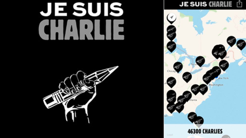 The Je Suis Charlie app allows users to show others where they are sending support from.