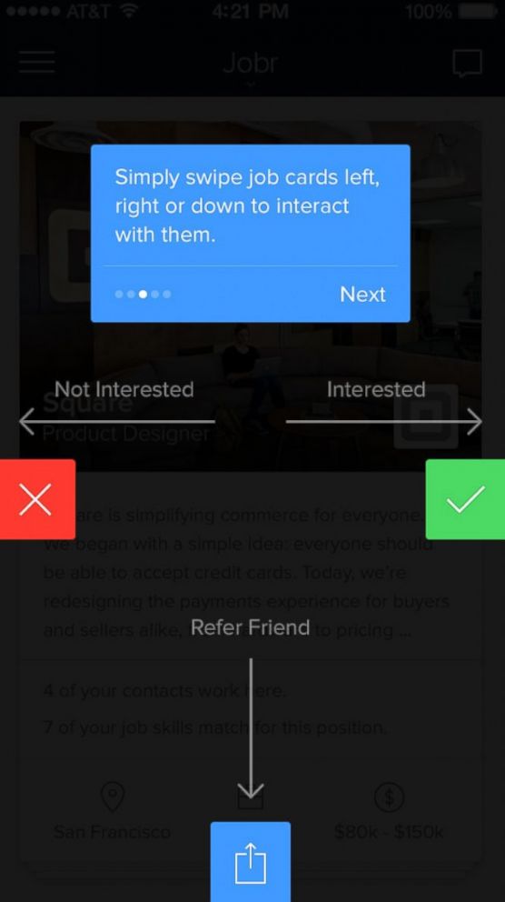 PHOTO: Jobr is an app for job seekers that promises to simplify the job search by allowing users to discover work and then swipe right or left on it to indicate their interest.