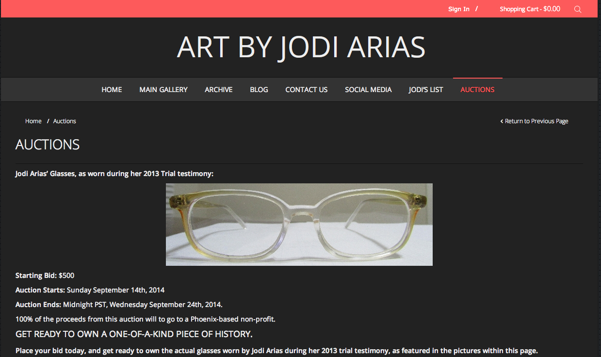 PHOTO: Jodi Arias is auctioning the glasses she wore at her trial.