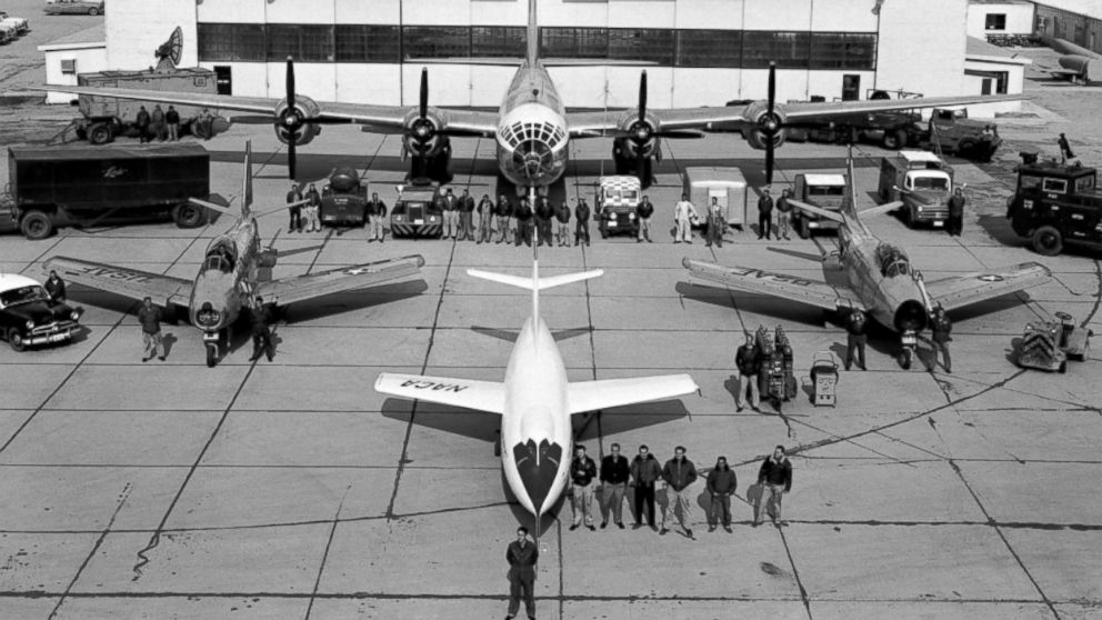 These employees and this equipment supported the flight of the NACA D-558-II Skyrocket at the High-Speed Flight Station at South Base, Edwards Air Force Base, Jan. 17, 1954.