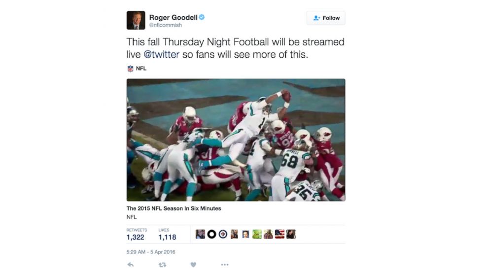This video was posted NFL commissioner Roger Goodell Twitter page announcing that some NFL games will be streamed live on Twitter.