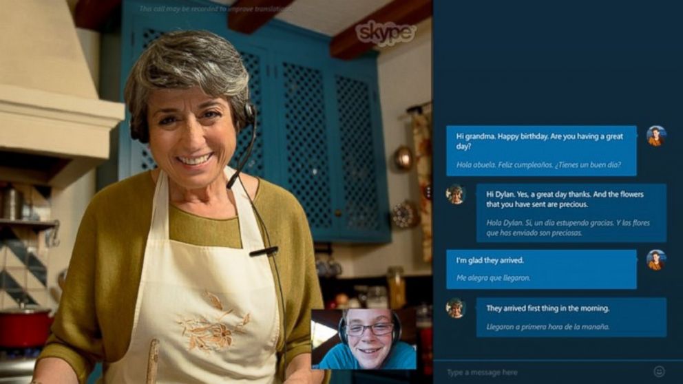 A screenshot of the Skype Translator app shows translated messages alongside a video chat window.