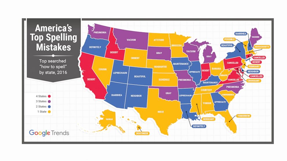 PHOTO: Google Search Trends revealed the top misspelled word in each state.