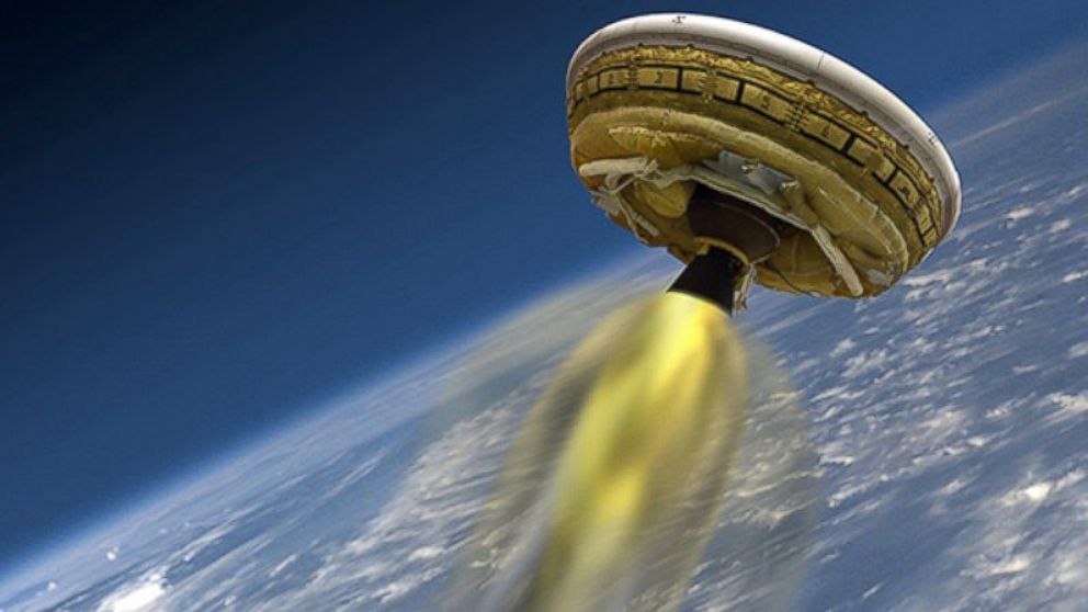 This artist's concept shows the test vehicle for NASA's Low-Density Supersonic Decelerator (LDSD), designed to test landing technologies for future Mars missions. A balloon will lift the vehicle to high altitudes, where a rocket will take it even higher, to the top of the stratosphere, at several times the speed of sound.