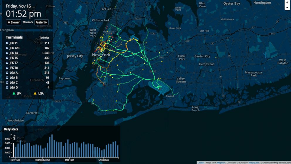 A new data visualization map using 2013 taxi information shows the amount of traffic we can expect this year around JFK and LGA Airports during the holiday season.