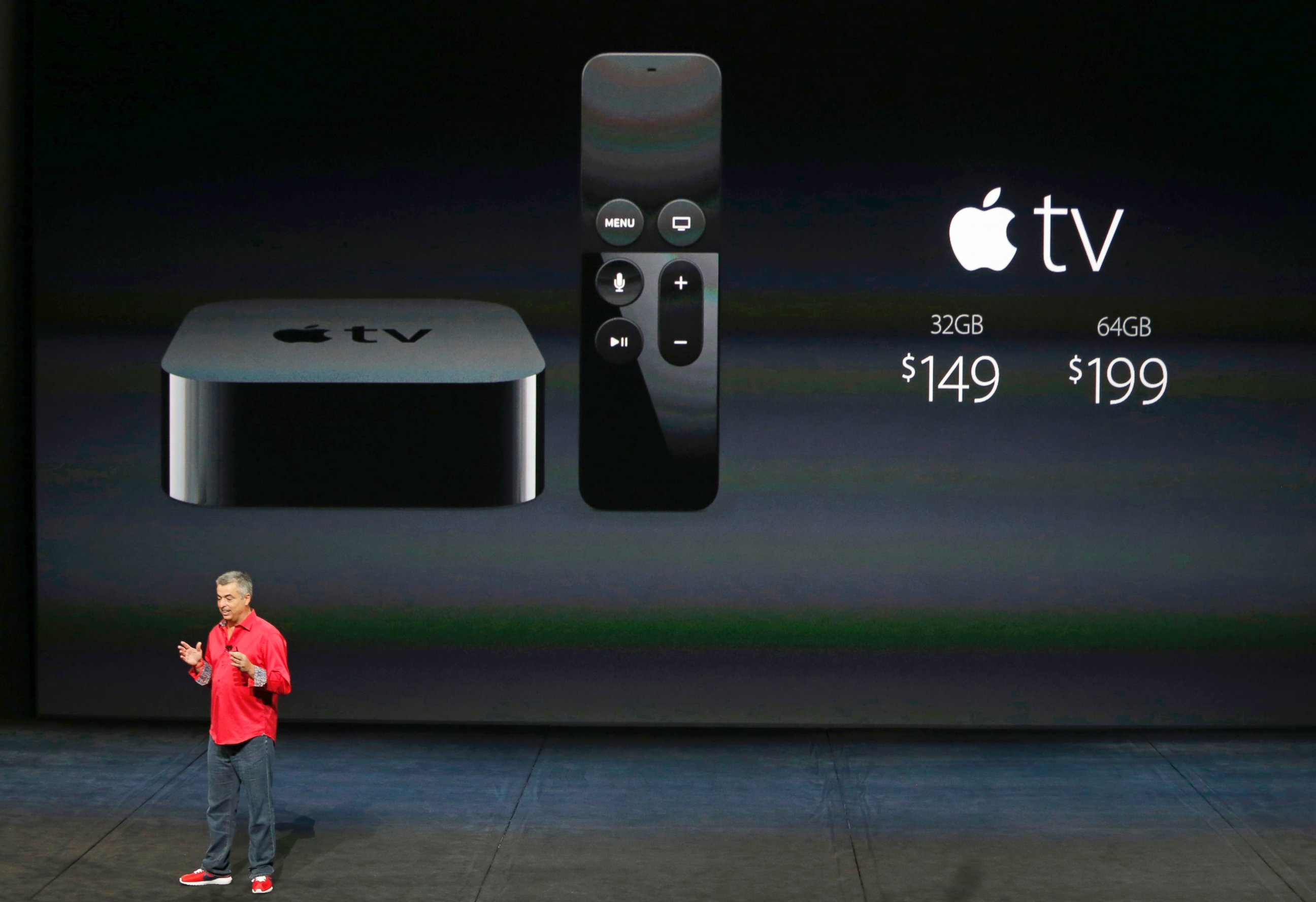 PHOTO: Eddie Cue, Apple's senior vice president of Internet Software and Services, discusses Apple TV pricing during an Apple media event in San Francisco, Sept. 9, 2015.