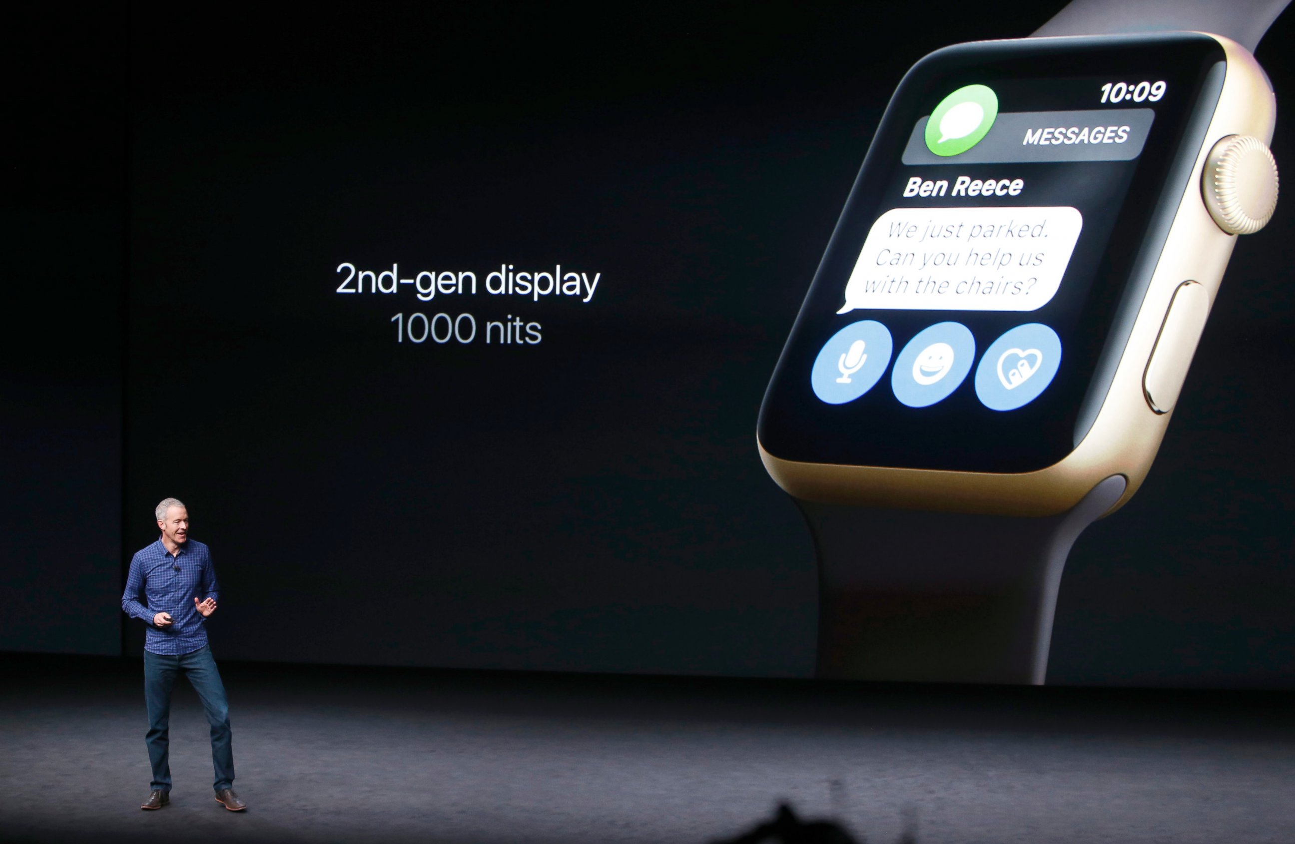 PHOTO: Apple Inc. COO Jeff Williams discusses the Apple Watch Series 2 during an Apple media event in San Francisco, Sept. 7, 2016. 