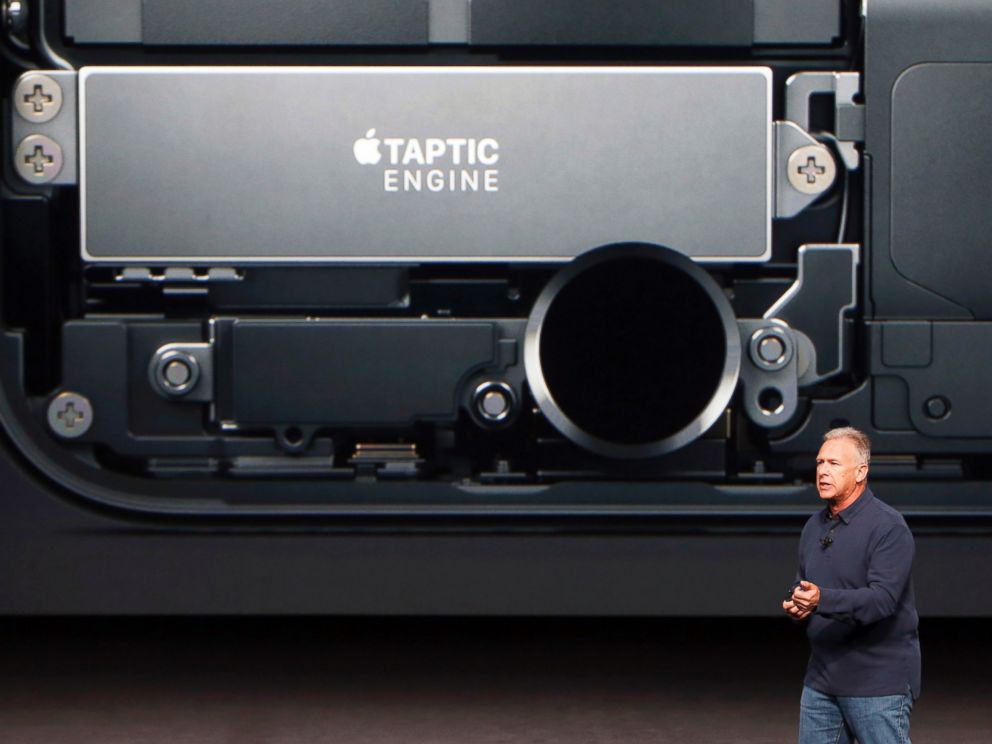 PHOTO: Phil Schiller, Senior Vice President of Worldwide Marketing at Apple Inc, discusses the redesigned home button on the iPhone7 during an Apple media event in San Francisco, Sept. 7, 2016.