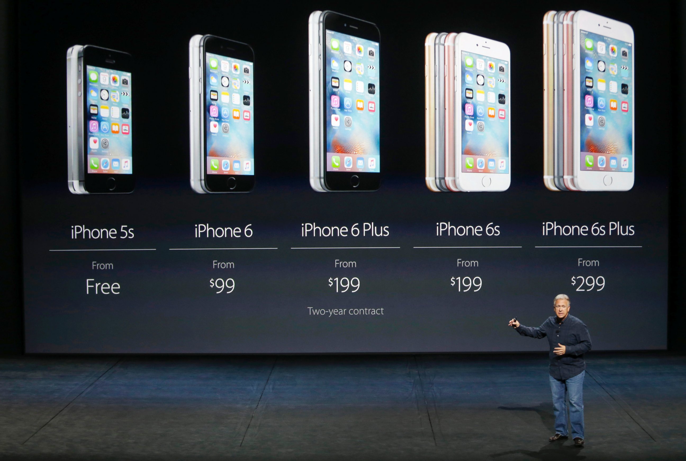 PHOTO: Phil Schiller, Senior Vice President of Worldwide Marketing at Apple Inc, speaks about pricing for the entire iPhone line during an Apple media event in San Francisco, Sept. 9, 2015.