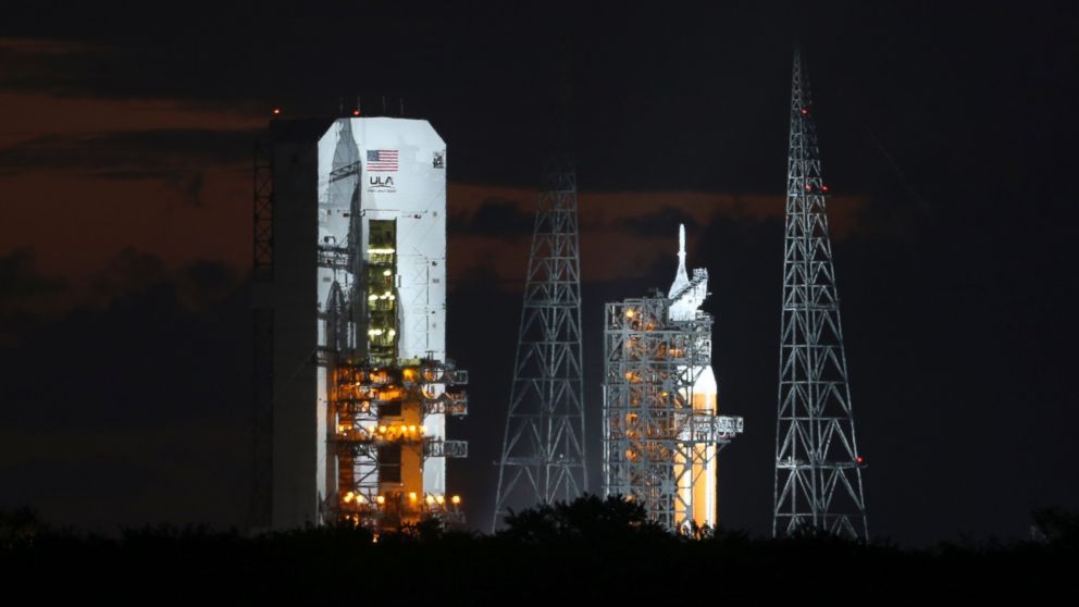 The Delta IV Heavy rocket carrying the Orion spacecraft sits on the launch pad awaiting lift off from the Cape Canveral Air Force Station in Cape Canaveral, Fla. Dec. 5, 2014.