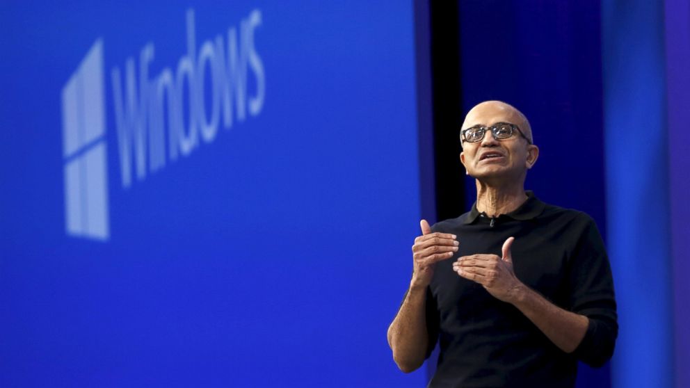 Microsoft CEO Satya Nadella delivers his keynote address at Microsoft Build in San Francisco, April 29, 2015. 