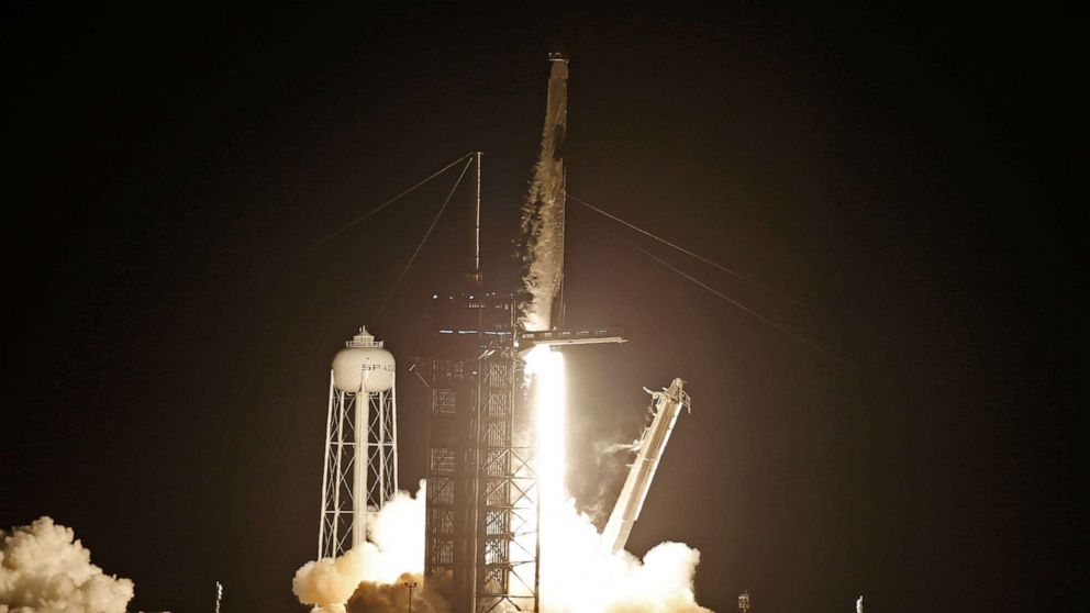 PHOTO: A SpaceX Falcon 9 rocket, with the Crew Dragon capsule, is launched carrying four astronauts on a NASA commercial crew mission at Kennedy Space Center in Cape Canaveral, Fla., Sept. 15, 2021. 