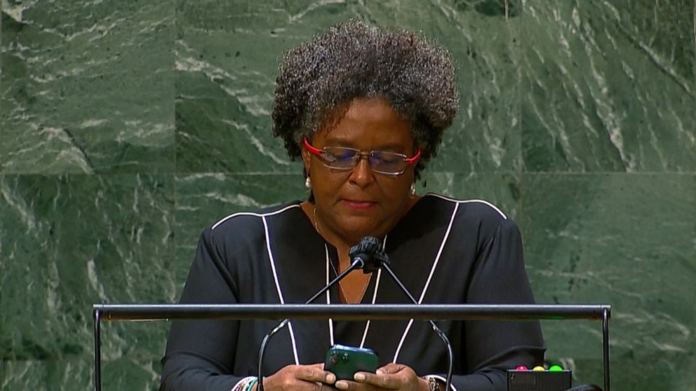 Mia Amor Mottley, Prime Minister of Barbados, addresses the 76th Session of the U.N. General Assembly at United Nations headquarters on Friday, Sept. 24, 2021. The General Assembly hall is equipped with a teleprompter, but few leaders used it Friday,