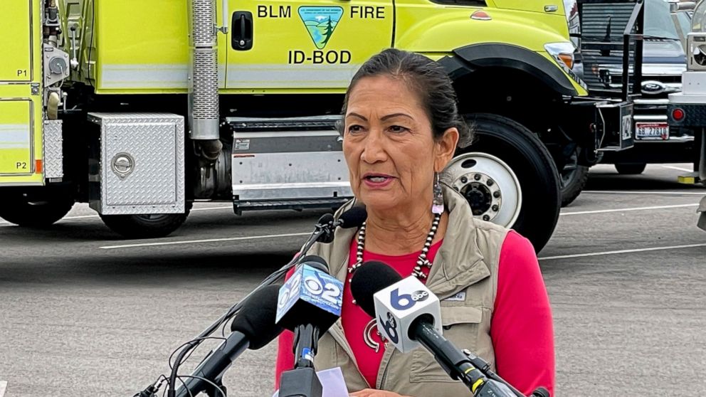 Interior Secretary Deb Haaland speaks at the National Interagency Fire Center on Friday, June 17, 2022, in Boise, Idaho. Haaland announced the U.S. is adding $103 million this year for wildfire risk reduction and burned-area rehabilitation throughout