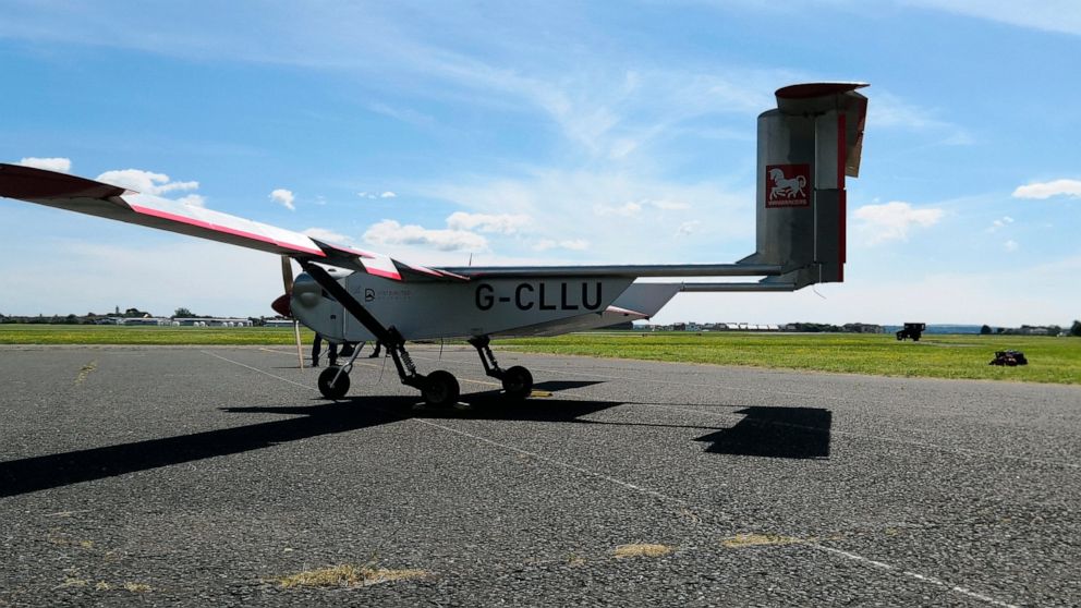 The “Wingracers ULTRA” drone parked by the runway at Solent Airport, in Lee-on-the-Solent, England, Tuesday, May 12, 2020. Britain is testing the use of a car-sized drone to deliver medical supplies more quickly to hospitals and help ease pressure on