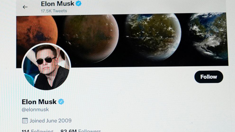 FILE - Part of the Twitter page of Elon Musk is seen on the screen of a computer in Sausalito, Calif., on Monday, April 25, 2022. The Tesla CEO gave the strongest hint yet Monday, May 16, 2022, that he would like to pay less for Twitter than his $44 