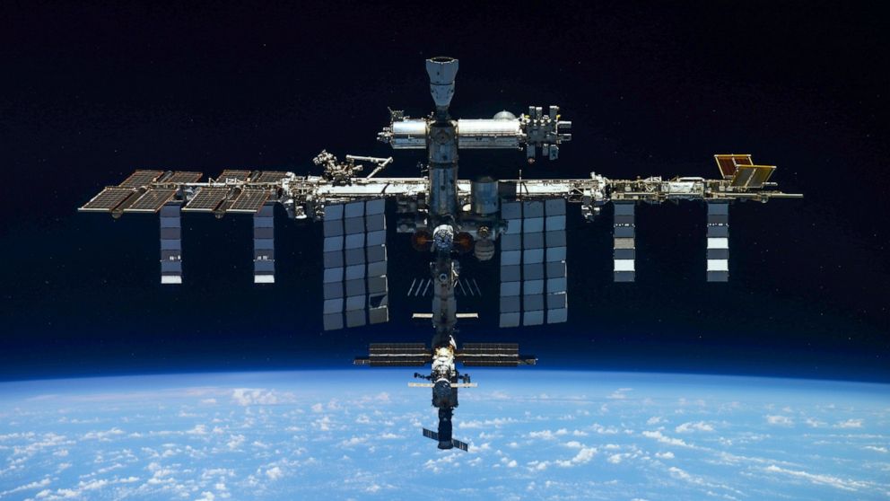 FILE - In this handout photo released by Roscosmos Space Agency Press Service, a view of the International Space Station taken on March 30, 2022 by crew of Russian Soyuz MS-19 space ship after undocking from the Station. NASA and Russia's space agenc
