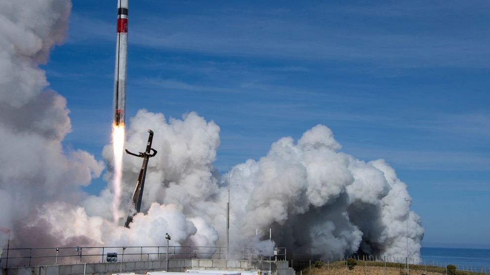 In this image supplied by Rocket Lab, the Electron rocket blasts off for its "There And Back Again" mission from their launch pad on the Mahia Peninsula, New Zealand, Tuesday, May 3, 2022. The California-based company regularly launches 18-meter (59-