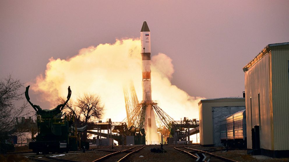 In this photo provided by Roscosmos Space Agency Press Service, the Progress MS-16 cargo blasts off from the launch pad at Russia's space facility in Baikonur, Kazakhstan, Monday, Feb. 15, 2021. The Russian Progress MS-16 cargo ship blasted off from 
