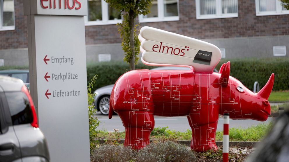 FILE - A winged 'Elmos rhinoceros' stands in front of the chip factory Elmos Semiconductor SE offices in Dortmund, Germany, on Nov. 8, 2022. China's government on Wednesday, Nov. 9, appealed to Germany to maintain access to its markets after the comp