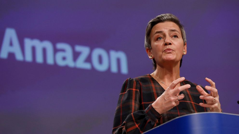 European Executive Vice-President Margrethe Vestager speaks during a press conference regarding an antitrust case with Amazon at EU headquarters in Brussels, Tuesday, Nov. 10, 2020. European Union regulators have filed antitrust charges against Amazo