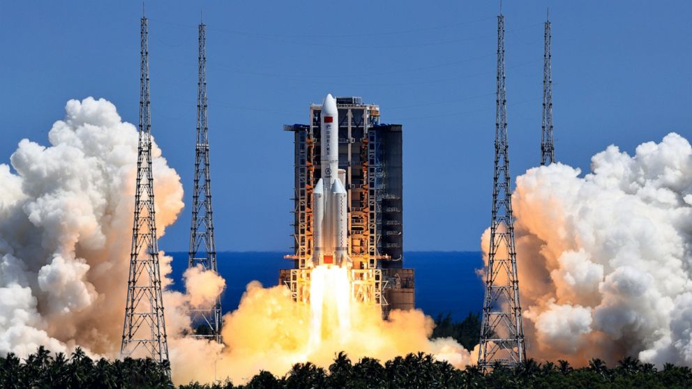 FILE - In this photo released by Xinhua News Agency, the Long March 5B Y3 carrier rocket, carrying Wentian lab module blasts off from the Wenchang Space Launch Center in Wenchang in southern China's Hainan Province Sunday, July 24, 2022. Debris from 