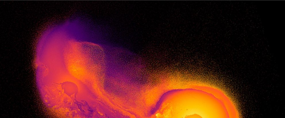 This image made from video provided by Durham University astronomy researcher Jacob Kegerreis shows a computer simulation generated by the open-source code SWIFT that depicts an object crashing into the planet Uranus. Kegerreis says the detailed simu