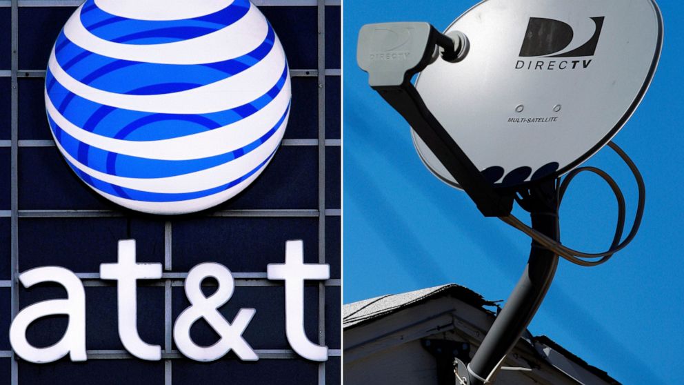 FILE - This file combo made from file photos shows the AT&T logo on the side of a corporate office in Springfield, Ill., left, and a DirecTV satellite dish atop a home in Los Angeles. AT&T is spinning off its DirecTV into a new company at a fraction 