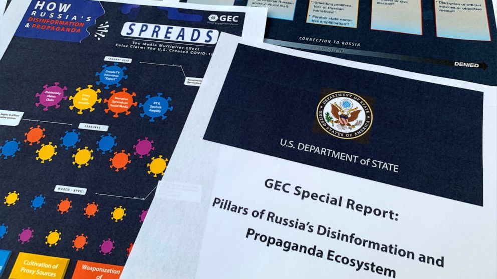 Pages from the U.S. State Department's Global Engagement Center report released on Aug. 5, 2020, are seen in this photo. Long before waging war on Ukraine, President Vladimir Putin was working to make Russia's internet a powerful tool of surveillance