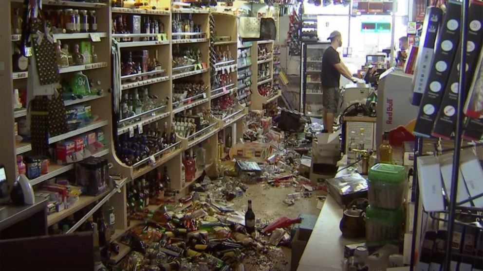 This still image taken from video shows bottles and debris on the floor of a liquor store as a result from the earthquake in Ridgecrest, Calif., on Saturday, July 6, 2019. The quake struck at 8:19 p.m. Friday and was centered 11 miles (18 kilometers)