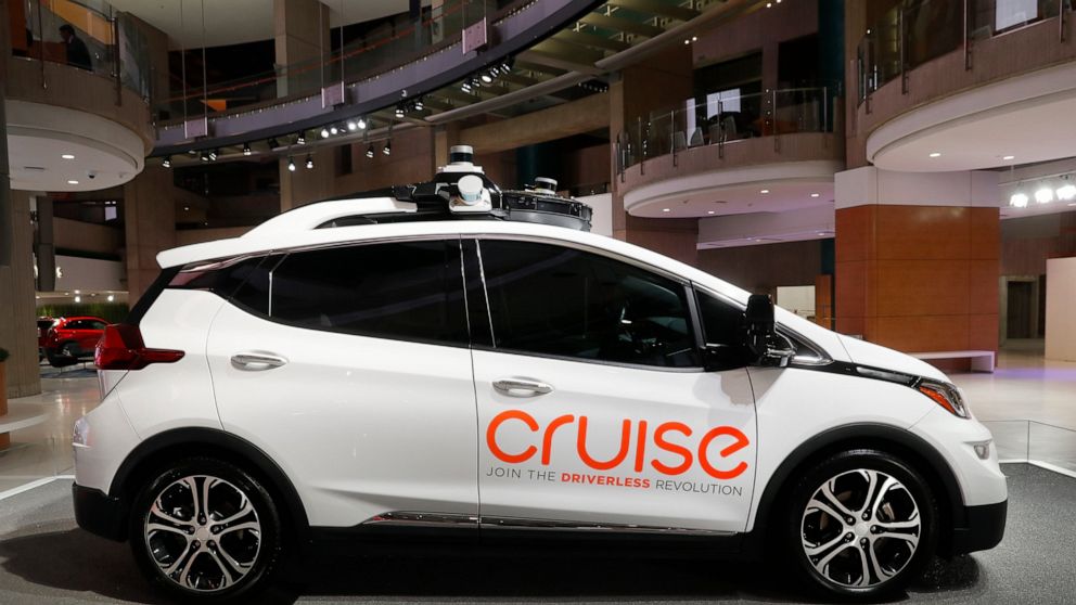 FILE - In this Jan. 16, 2019, file photo, Cruise AV, General Motor's autonomous electric Bolt EV is displayed in Detroit. General Motors’ Cruise autonomous vehicle subsidiary plans to start running a fully autonomous taxi service in San Francisco nex