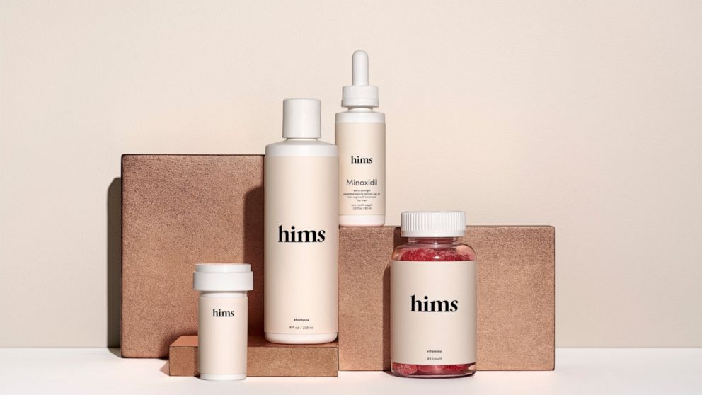 This undated image provided by Hims shows some of the company's products. Online startups including Hims and Roman are banking on a mix of convenience, viral marketing and glossy packaging to turn generic prescription drugs and other pharmacy staples