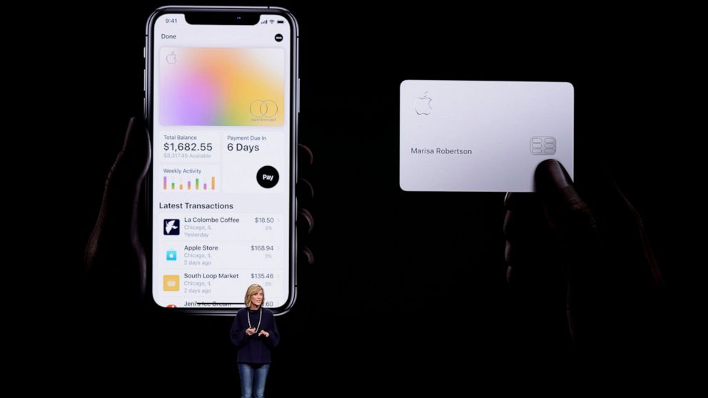 FILE- In this March 25, 2019, file photo, Jennifer Bailey, vice president of Apple Pay, speaks about the Apple Card at the Steve Jobs Theater during an event to announce new products in Cupertino, Calif. The Apple-branded credit card that’s designed 