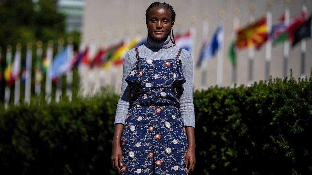 FILE - Climate activist Vanessa Nakate of Uganda poses for a portrait in New York outside the United Nations headquarters, Sept. 14, 2022. Nakate was a recipient of a Goalkeepers Global Goals Award given by the Bill and Melinda Gates Foundation on Tu