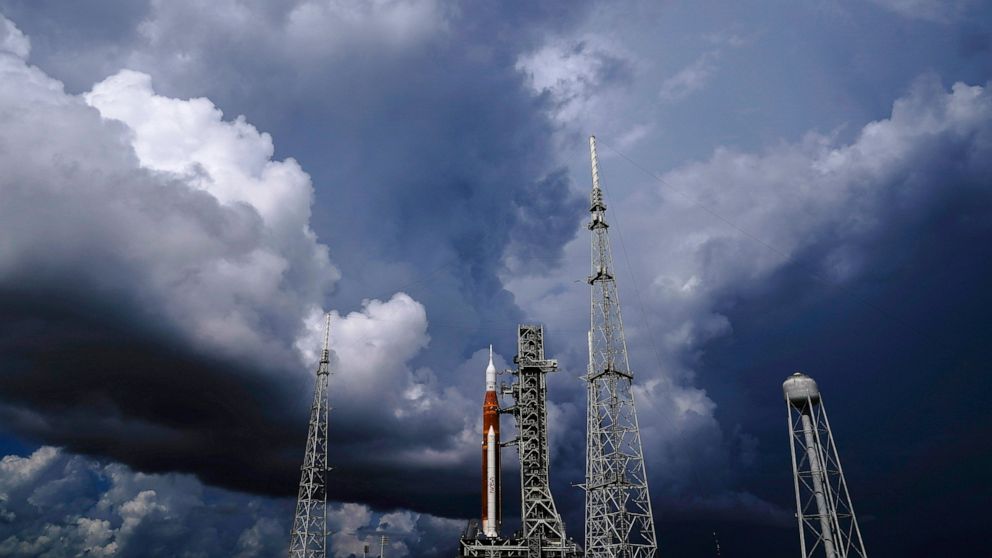 FILE - The NASA moon rocket stands on Pad 39B before a launch attempt for the Artemis 1 mission to orbit the moon at the Kennedy Space Center on Sept. 2, 2022, in Cape Canaveral, Fla. NASA mission managers decided Monday, Sept. 26, 2022, to move its 