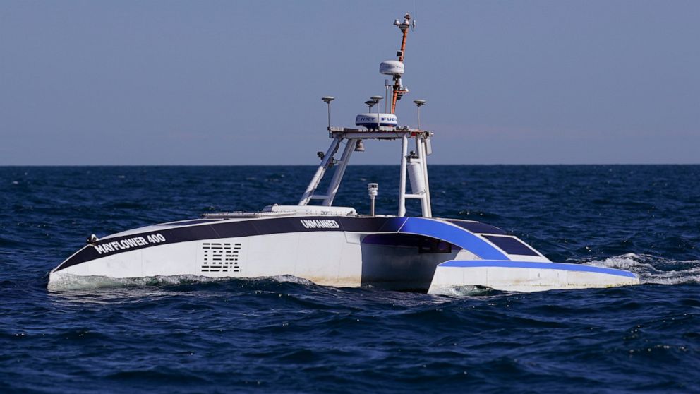 Mayflower Autonomous Ship motors freely, Thursday, June 30, 2022, about twenty miles off the coast of Plymouth, Mass., after a crew-less journey from Plymouth, England. (AP Photo/Charles Krupa)