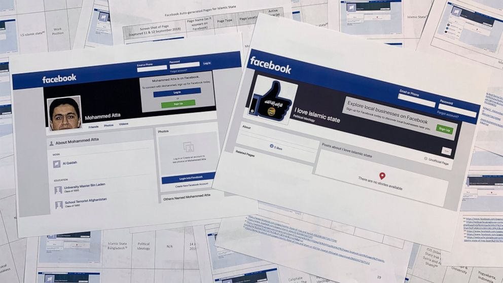 Pages from a confidential whistleblower's report obtained by The Associated Press, along with two printed Facebook pages that were active on Tuesday, Sept. 17, 2019, are photographed in Washington. Facebook likes to say that its automated systems rem