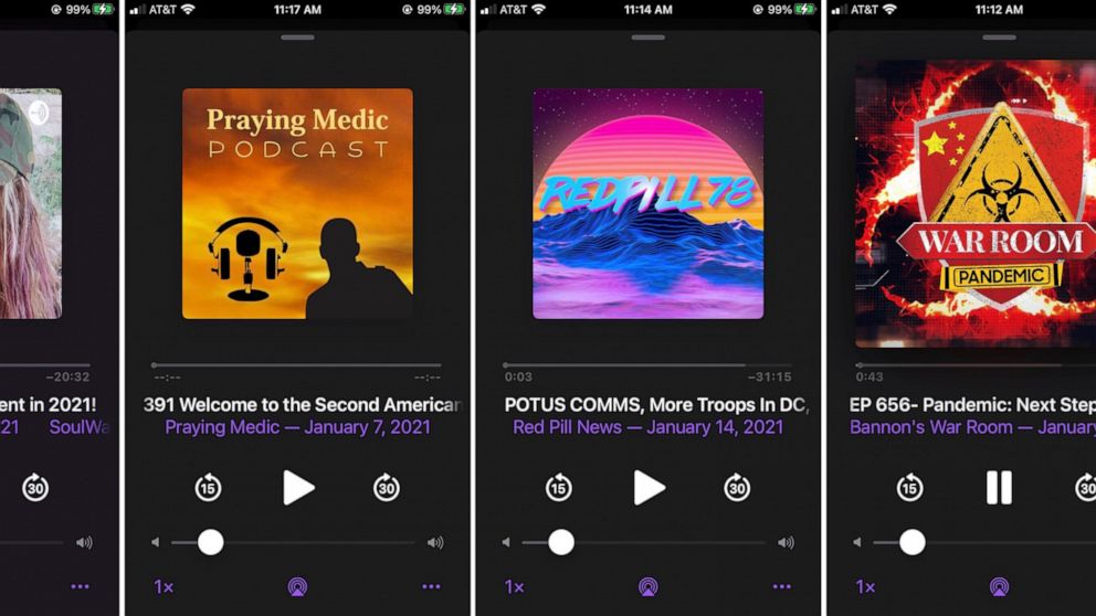 This combination of photos shows various podcasts, Friday, Jan. 15, 2021. Major social platforms have been cracking down on the spread of misinformation and conspiracy theories in the wake of the Jan. 6 riot at the Capitol. But Apple and Google, amon