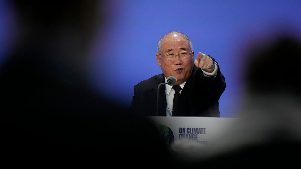China's Special Envoy for Climate Change Xie Zhenhua takes a question at the COP26 U.N. Climate Summit, in Glasgow, Scotland, Wednesday, Nov. 10, 2021. The U.N. climate summit in Glasgow has entered its second week as leaders from around the world, a