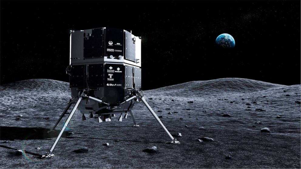 This undated image provided by ispace in November 2022 depicts the HAKUTO-R Mission 1 lunar lander on the surface of the moon. (ispace via AP)